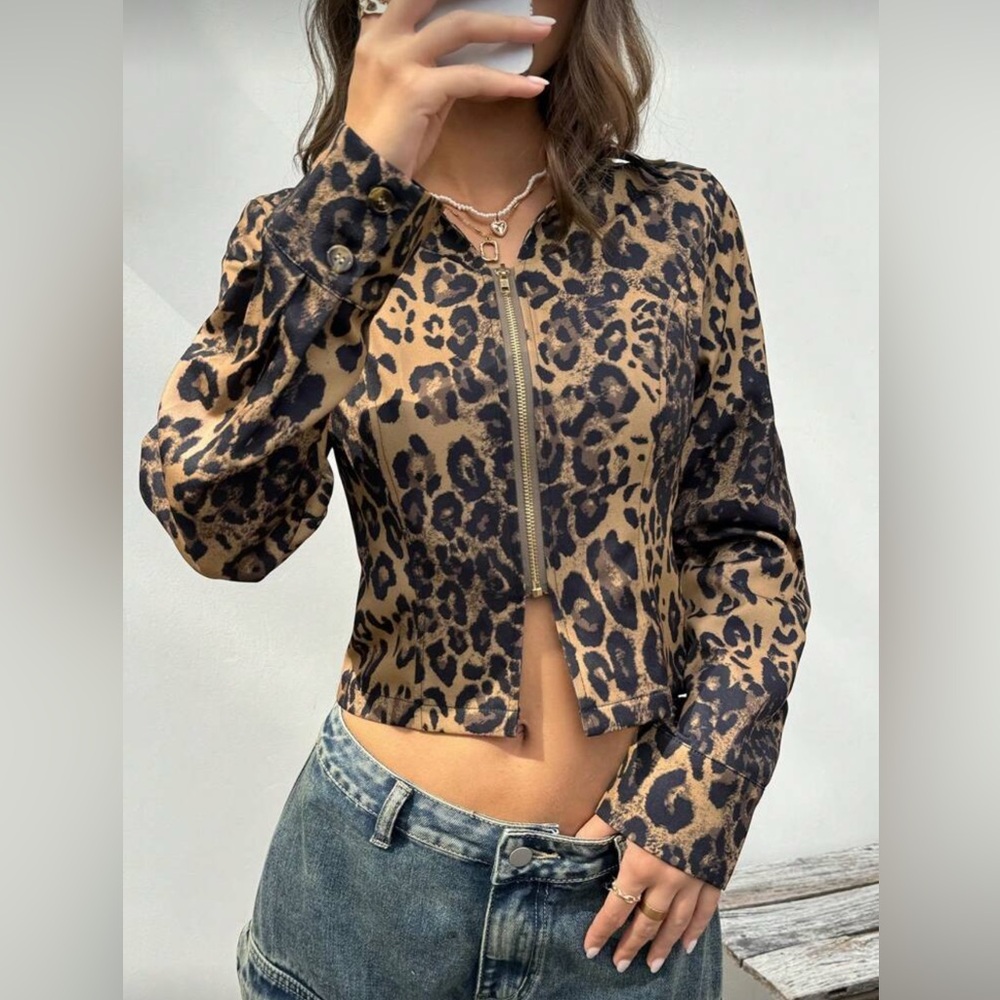 Trendy Boutique Leopard Print Crop Zip Jacket New for Summer LRG